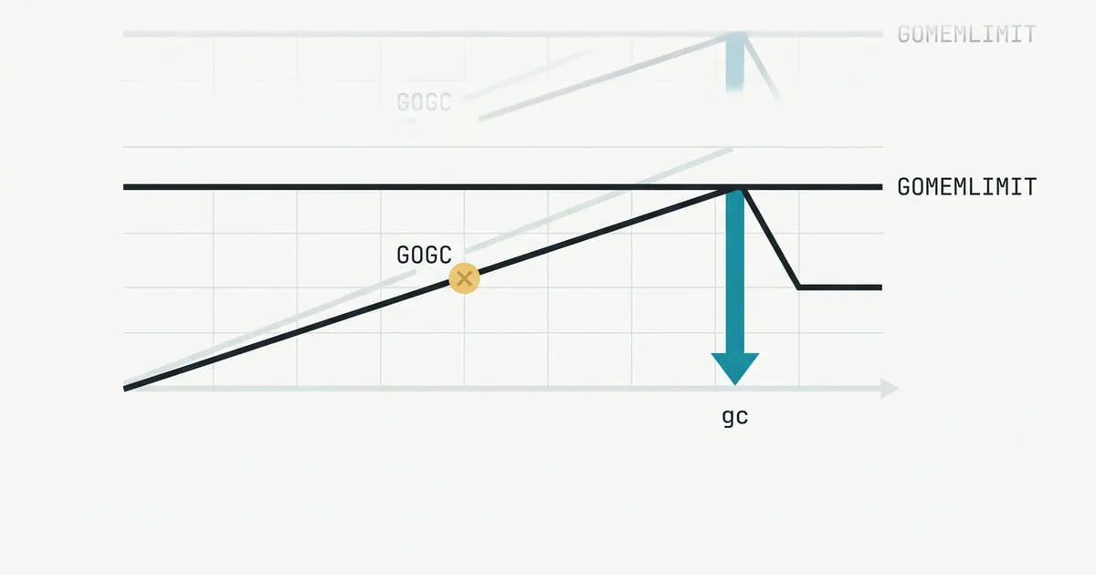 Memory rises past a GOGC target to reach a GOMEMLIMIT line, where a downward arrow highlights a garbage collection trigger.