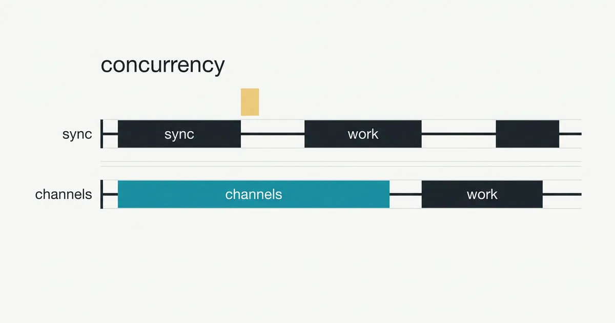 Two stacked timelines compare "sync" and "channels", with a long highlighted "channels" block taking more time before work.